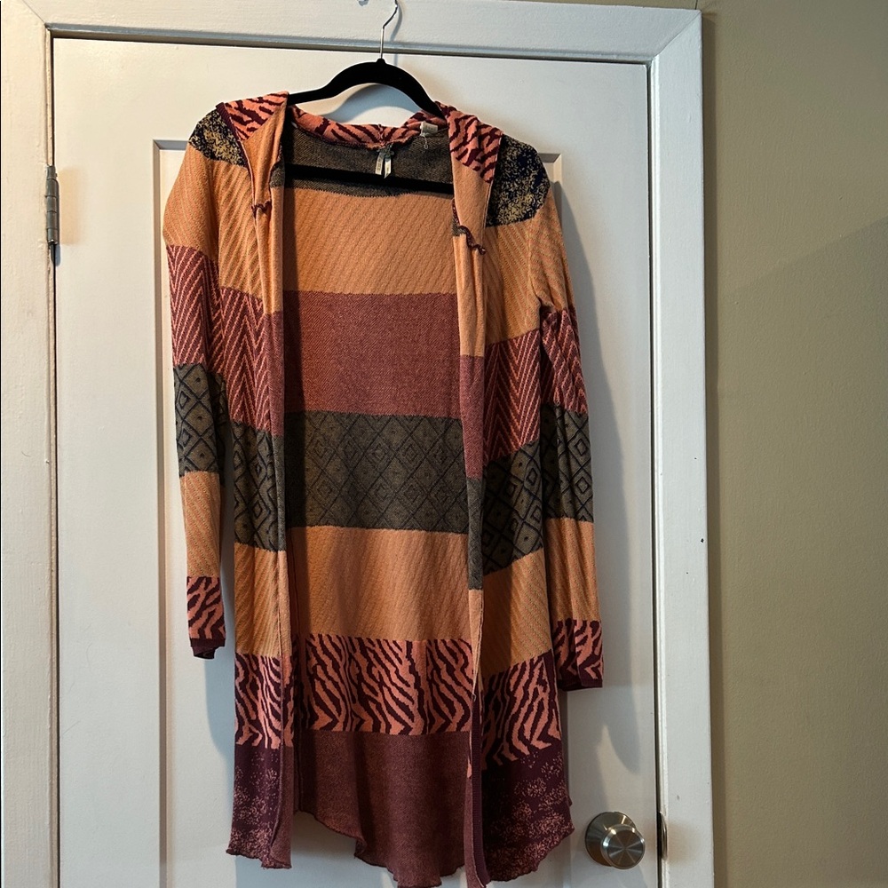 BKE Striped Multicolor Hooded Sweater - brick red, navy and mauve. Lightweight